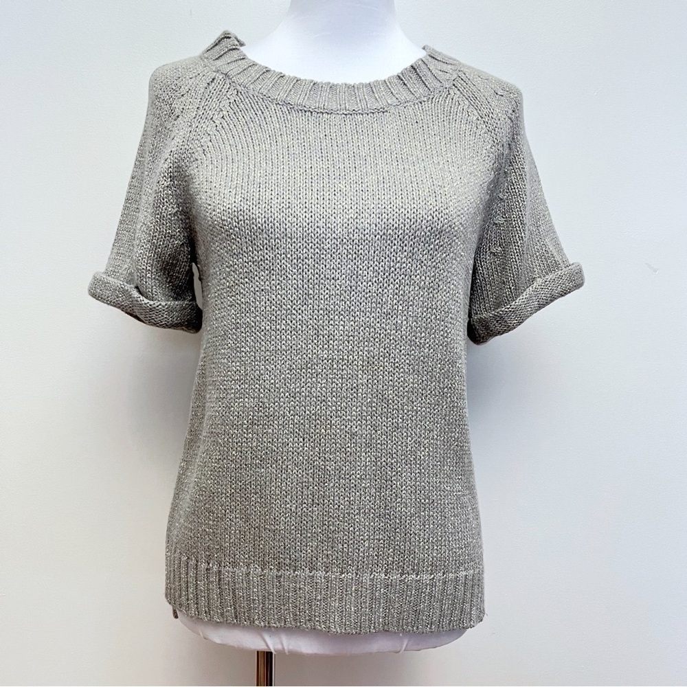 Banana Republic Grey Knit Gold Metallic Threaded Short Sleeve Wool Blend Sweater - Picture 1 of 10